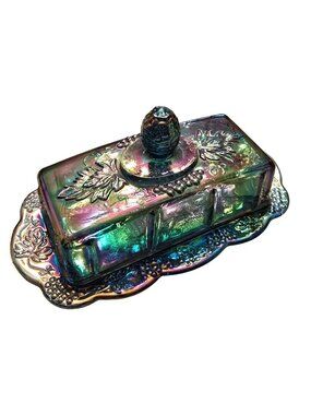 Iridescent Glass Butter Dish Grapevine Pattern Rectangular Indiana Glass JH8029